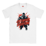 White t-shirt with a graphic of a muscular man and 'Outwork Everyone' text on a white background