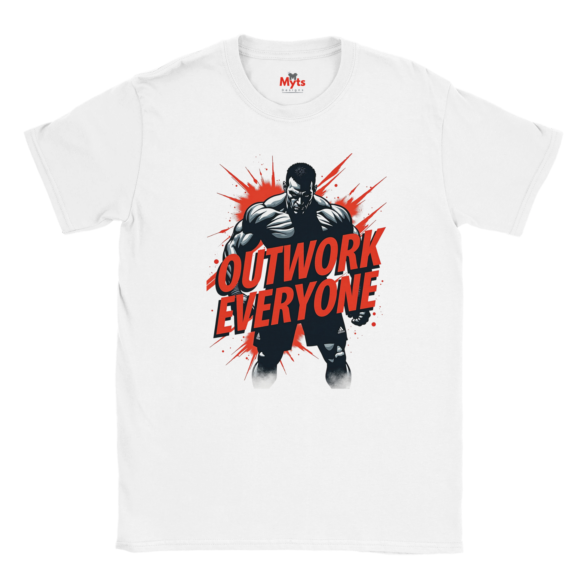 White t-shirt with a graphic of a muscular man and 'Outwork Everyone' text on a white background