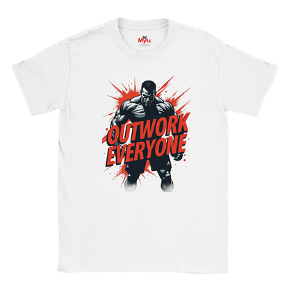 White t-shirt with a graphic of a muscular man and 'Outwork Everyone' text on a white background