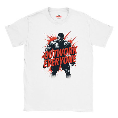 White t-shirt with a graphic of a muscular man and 'Outwork Everyone' text on a white background
