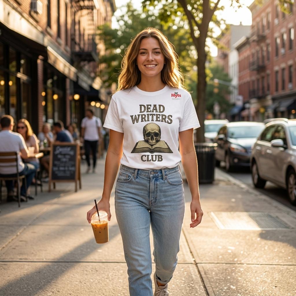 Woman walking on a city street wearing a 'Dead Writers Club' t-shirt.