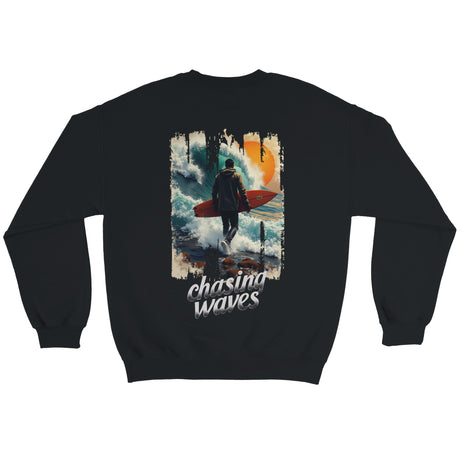 Black sweatshirt with a graphic of a person with a surfboard and 'Chasing Waves' text on a white background