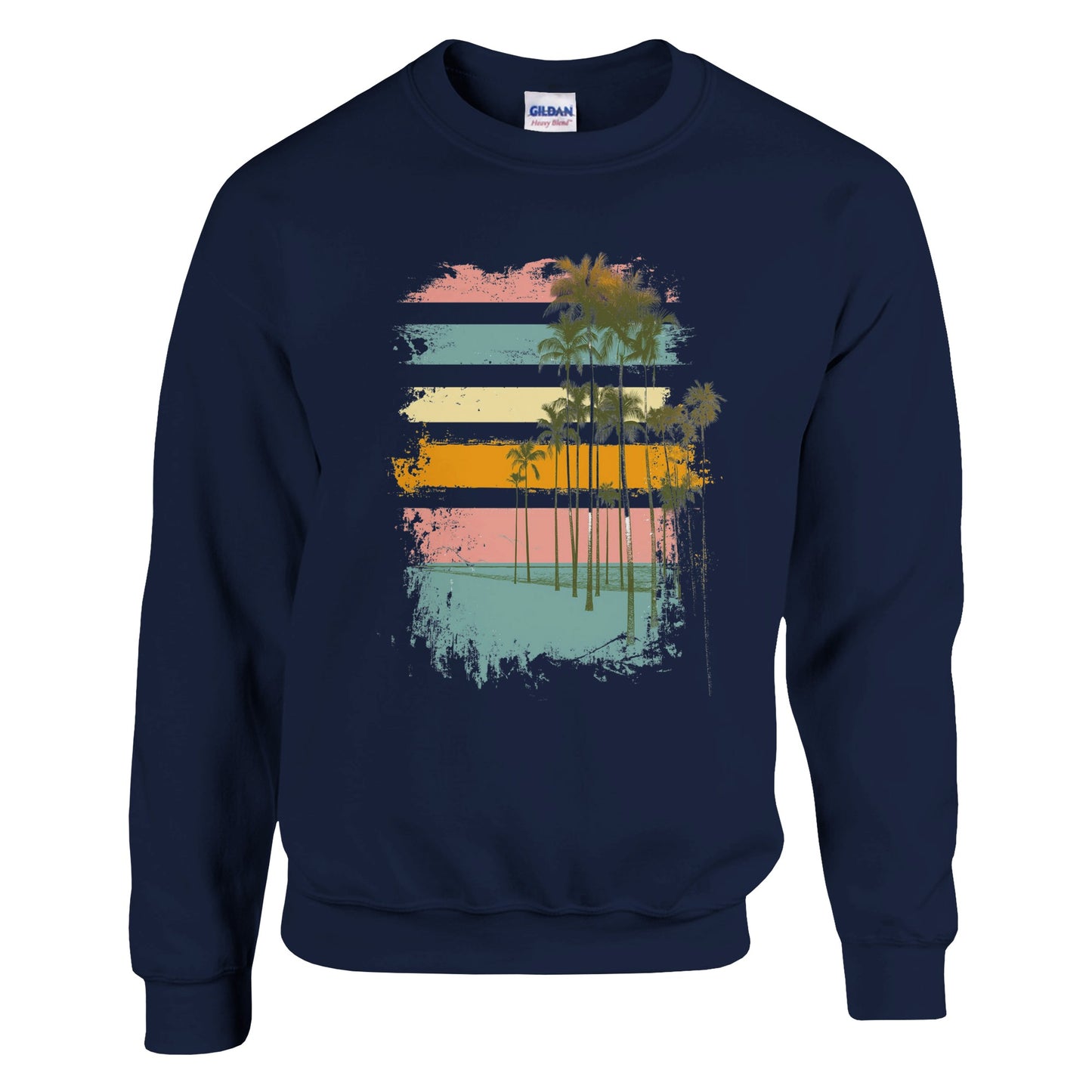 Navy blue sweatshirt with a colorful palm tree design on a white background