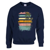 Navy blue sweatshirt with a colorful palm tree design on a white background