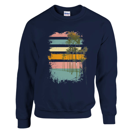 Navy blue sweatshirt with a colorful palm tree design on a white background