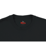 Black t-shirt with a visible brand logo on a white background