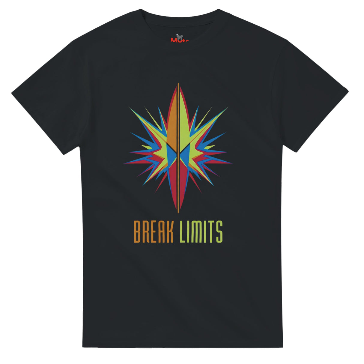 Black t-shirt with a colorful star design and 'Break Limits' text on a white background