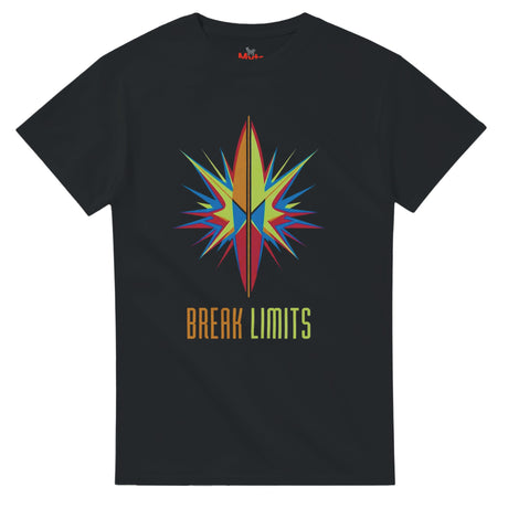 Black t-shirt with a colorful star design and 'Break Limits' text on a white background