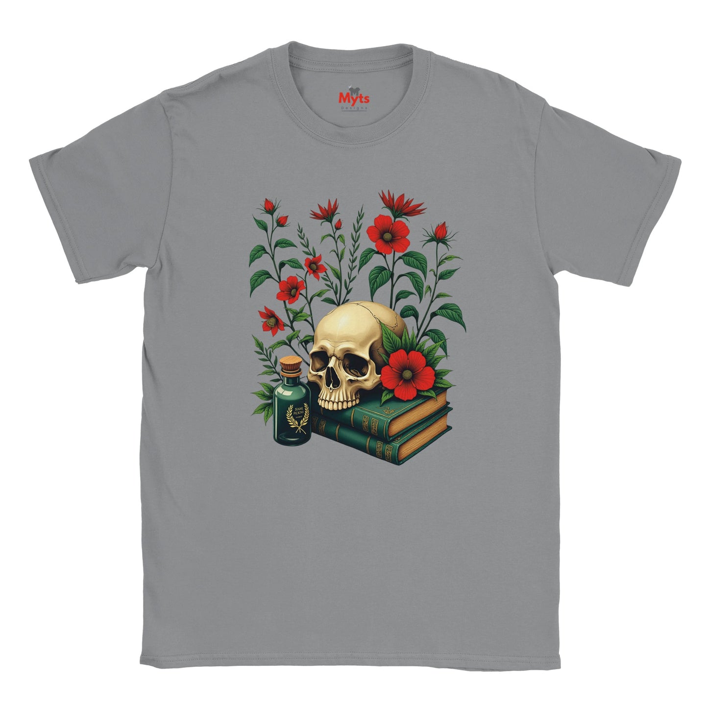 Gray t-shirt with a skull and floral design on a white background