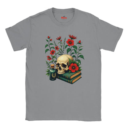 Gray t-shirt with a skull and floral design on a white background
