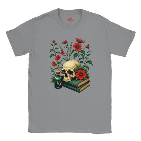 Gray t-shirt with a skull and floral design on a white background