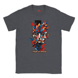Dark Heather Faces of Spring T-shirt featuring colourful abstract geometric faces surrounded by red, blue and yellow flowers, leaves, and expressive paint details.