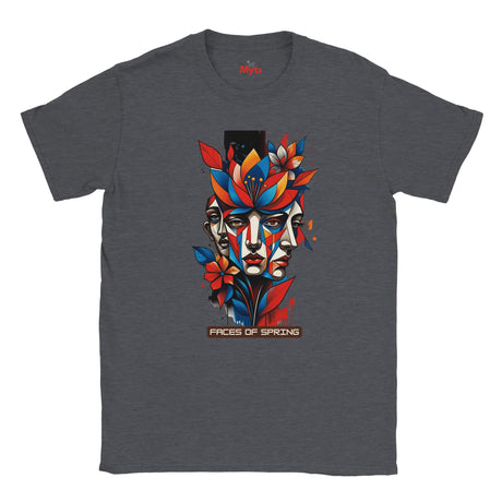 Dark Heather Faces of Spring T-shirt featuring colourful abstract geometric faces surrounded by red, blue and yellow flowers, leaves, and expressive paint details.