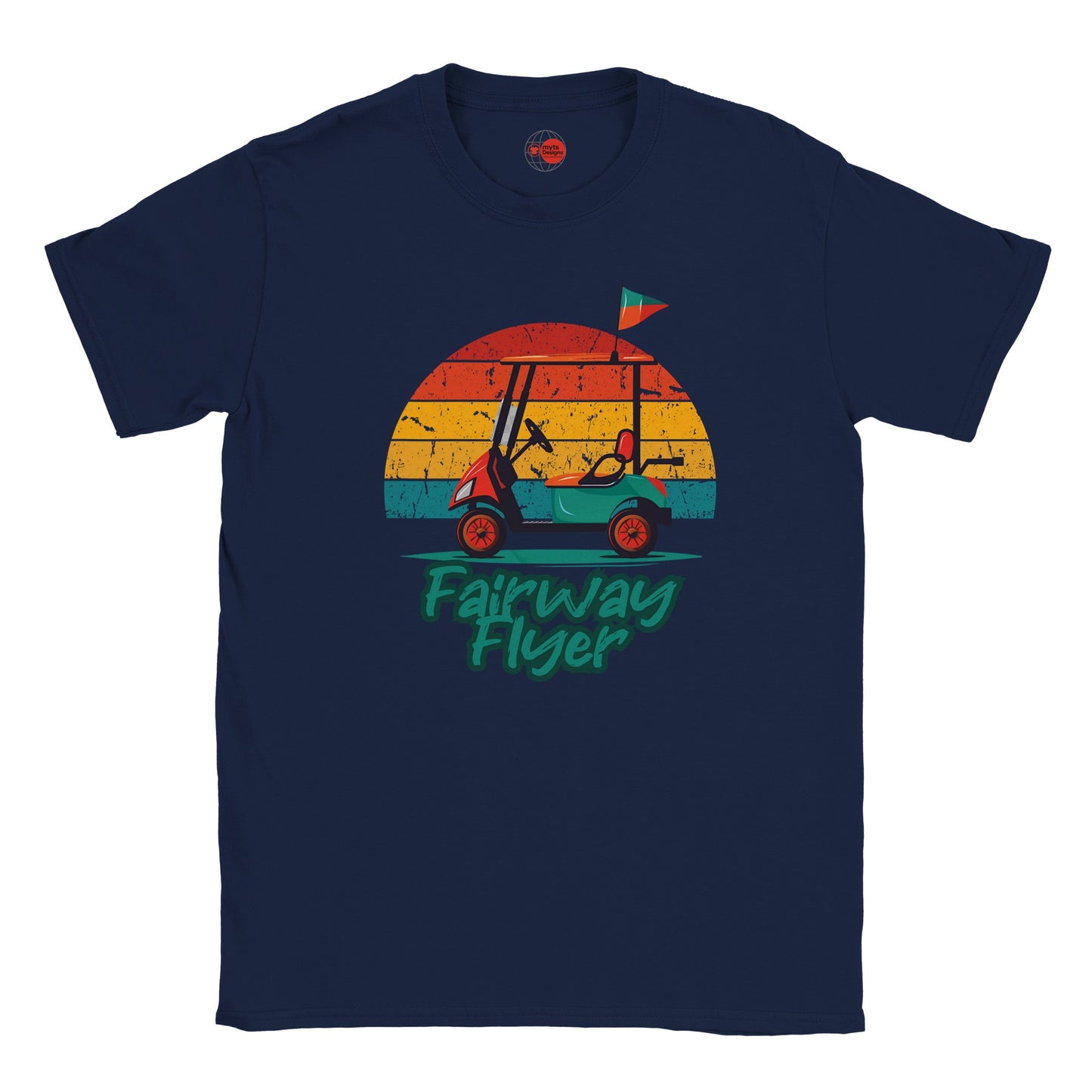Navy blue t-shirt with 'Fairway Flyer' graphic design featuring a golf cart and sunset.