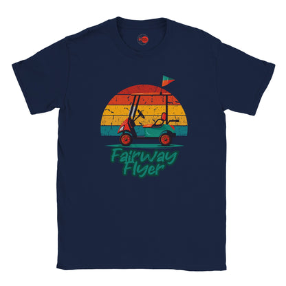 Navy blue t-shirt with 'Fairway Flyer' graphic design featuring a golf cart and sunset.