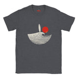 Dark Heather gray t-shirt with a graphic design of a wave, fish, and red circle on a white background