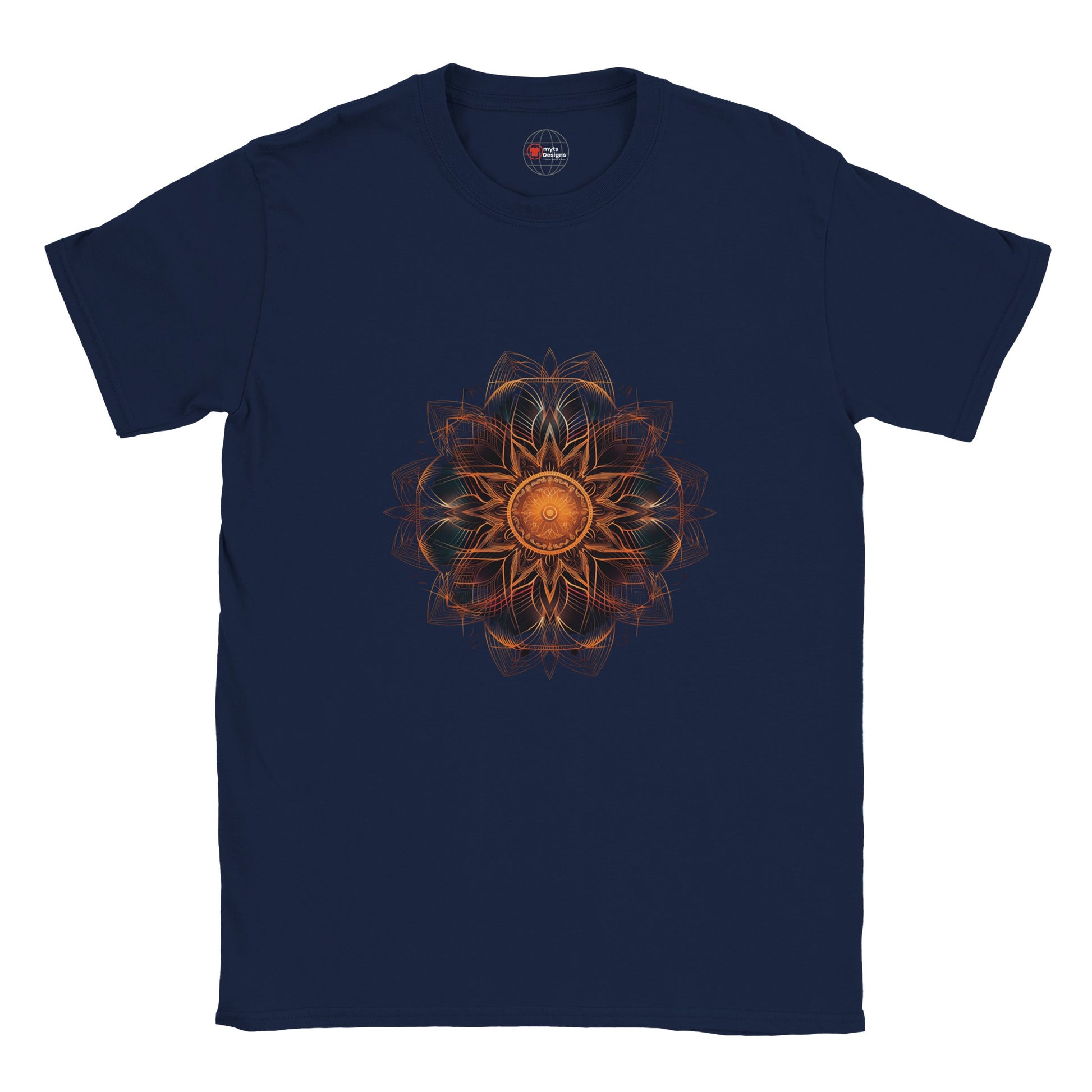 Close-up of printed mandala pattern on cotton T-shirt – spiritual yoga-inspired artwork