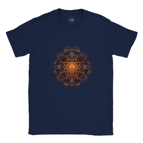 Close-up of printed mandala pattern on cotton T-shirt – spiritual yoga-inspired artwork