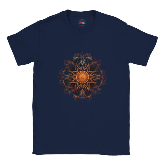Close-up of printed mandala pattern on cotton T-shirt – spiritual yoga-inspired artwork