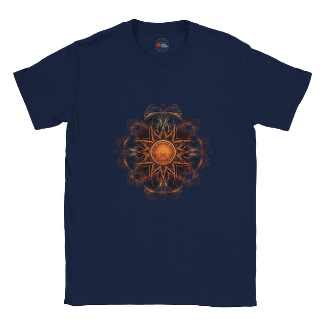 Close-up of printed mandala pattern on cotton T-shirt – spiritual yoga-inspired artwork