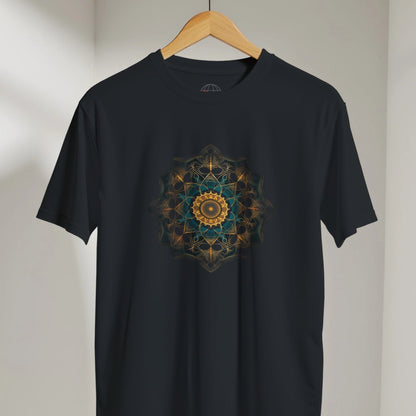 Black t-shirt with a colorful mandala design on a hanger against a neutral background
