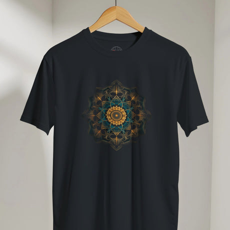Black t-shirt with a colorful mandala design on a hanger against a neutral background