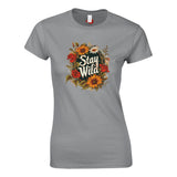Gray t-shirt with 'Stay Wild' floral design on a white background