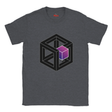 Gray t-shirt with a geometric design featuring a purple cube on a white background