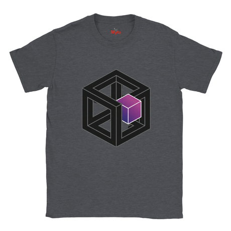Gray t-shirt with a geometric design featuring a purple cube on a white background