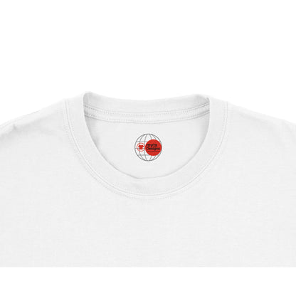 White t-shirt with a red and black logo on the collar against a white background