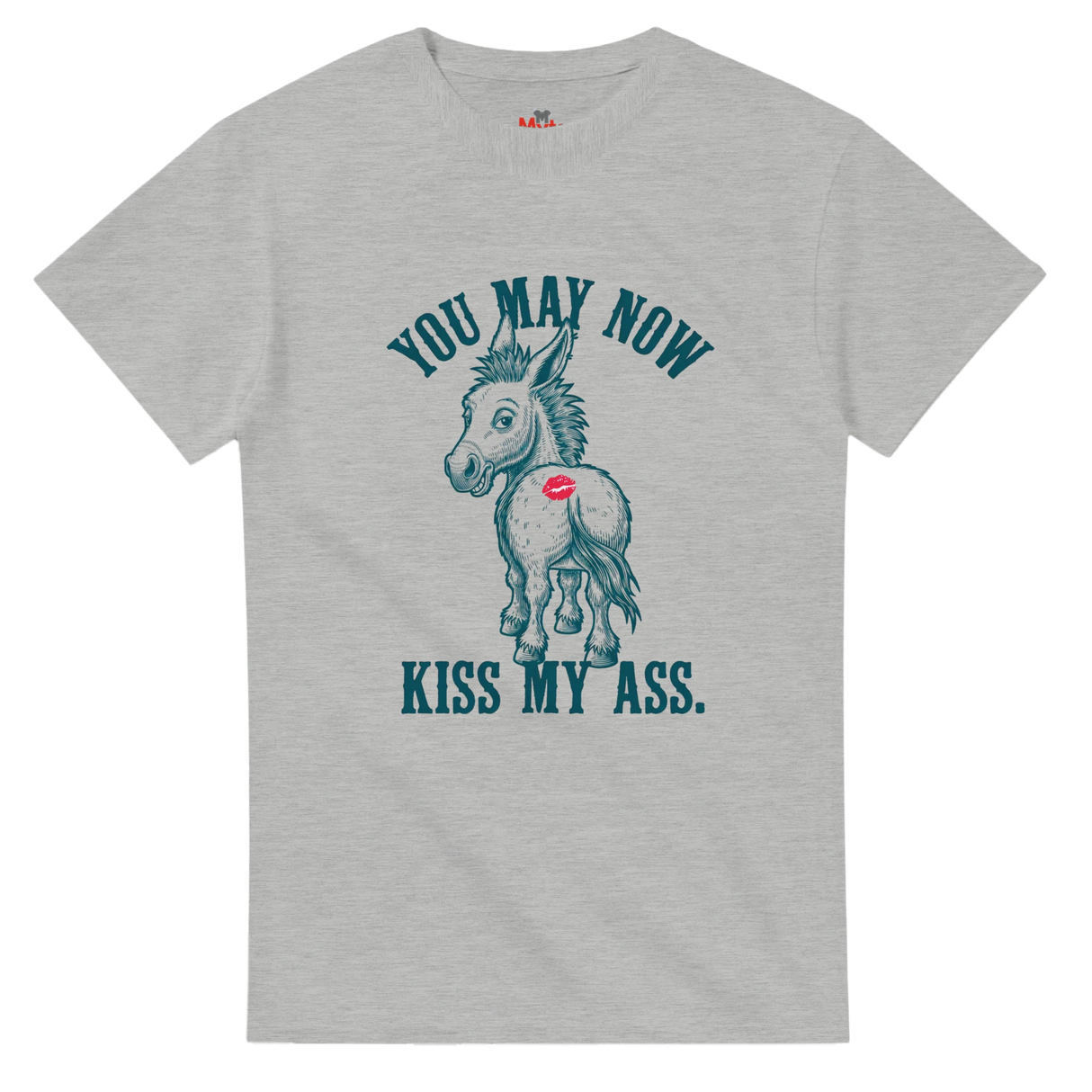 Ash t-shirt with a graphic of a donkey and text on a white background