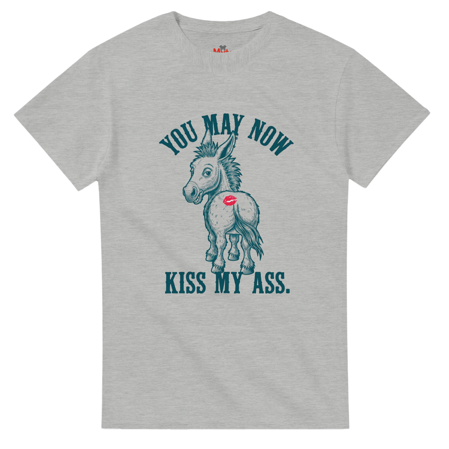 Ash t-shirt with a graphic of a donkey and text on a white background