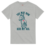 Ash t-shirt with a graphic of a donkey and text on a white background
