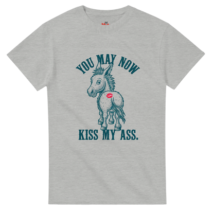 Ash t-shirt with a graphic of a donkey and text on a white background
