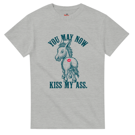 Ash t-shirt with a graphic of a donkey and text on a white background