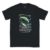 Black t-shirt with 'Zero Gravity' graphic design featuring a green wave and purple elements on a white background.