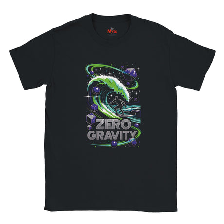 Black t-shirt with 'Zero Gravity' graphic design featuring a green wave and purple elements on a white background.