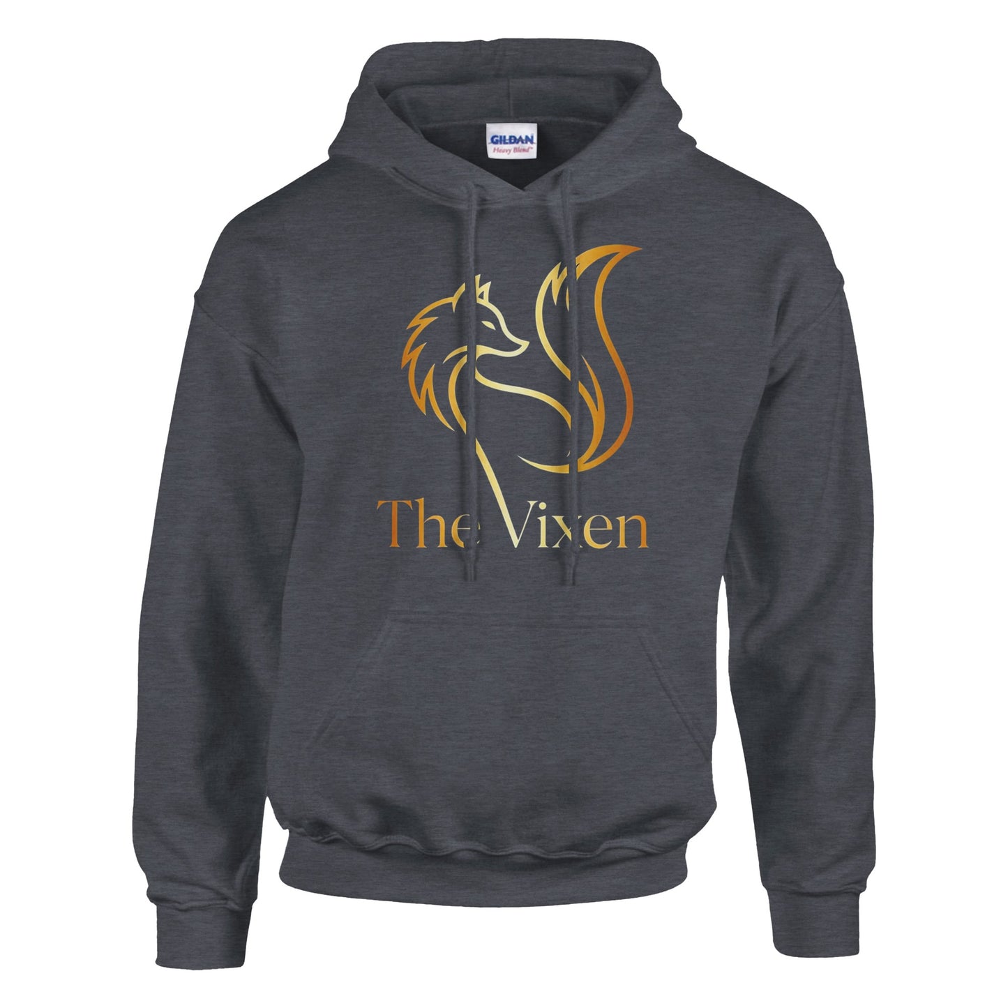 Dark Heather hoodie with gold fox logo and 'The Vixen' text on a white background