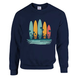 Black sweatshirt with colorful surfboard design on a white background