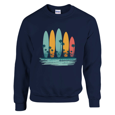 Black sweatshirt with colorful surfboard design on a white background