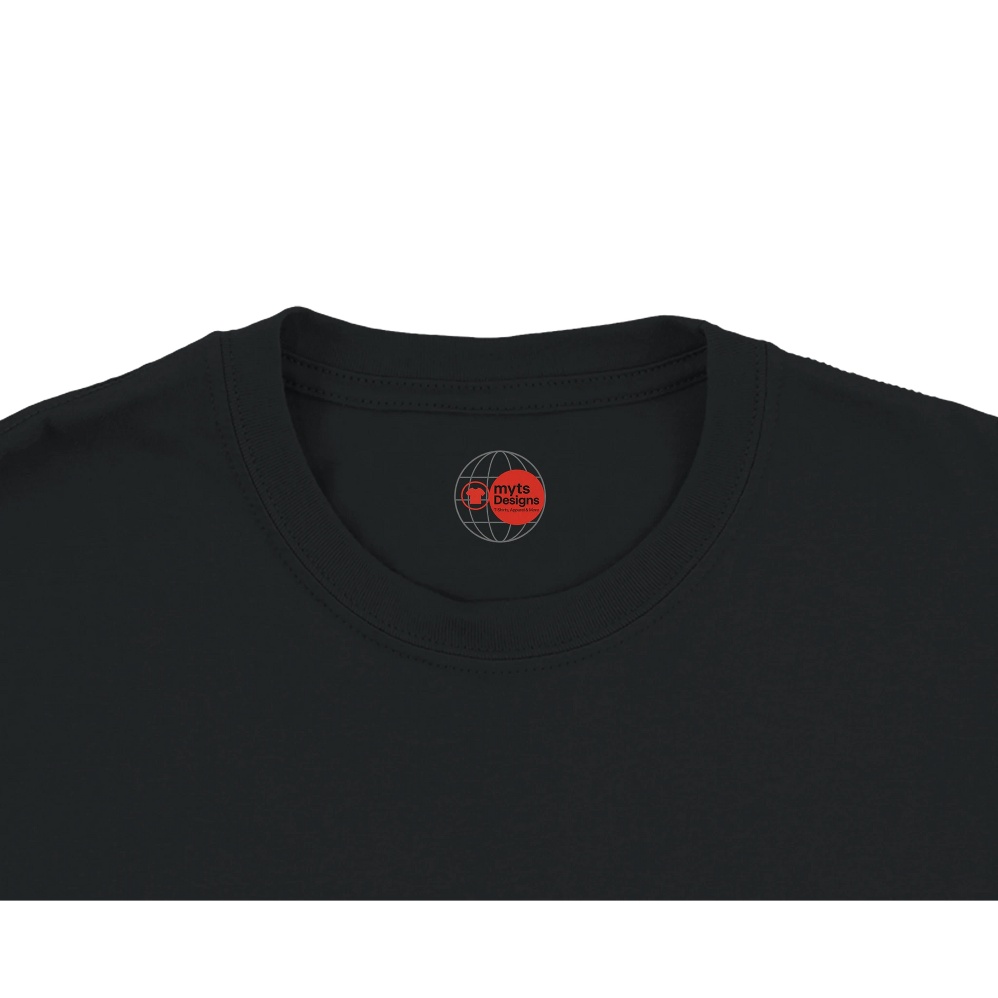 Black t-shirt with a red and white logo on the collar against a white background