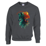 A dark gray crewneck sweatshirt featuring a colorful graphic of a wolf's head merging with a tree and autumn leaves, with the text 'NEW EVOLUTION' arched above. A Gildan brand tag is visible inside the collar.