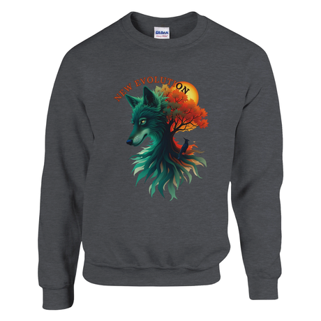A dark gray crewneck sweatshirt featuring a colorful graphic of a wolf's head merging with a tree and autumn leaves, with the text 'NEW EVOLUTION' arched above. A Gildan brand tag is visible inside the collar.