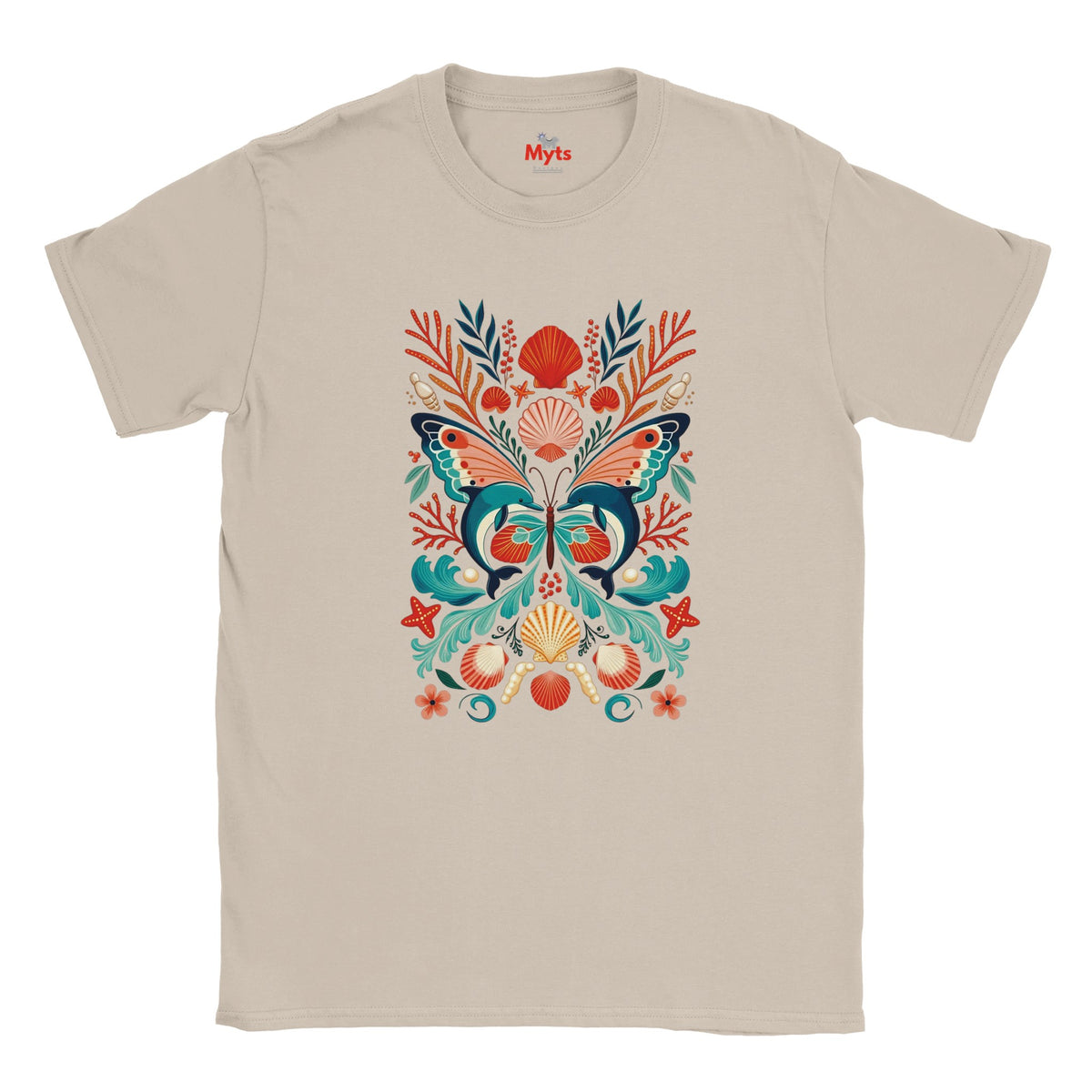 Natural cream graphic T-shirt with a colourful dolphin butterfly design surrounded by coral and shells.