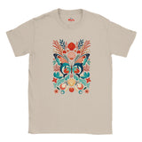 Natural cream graphic T-shirt with a colourful dolphin butterfly design surrounded by coral and shells.