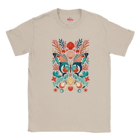 Natural cream graphic T-shirt with a colourful dolphin butterfly design surrounded by coral and shells.