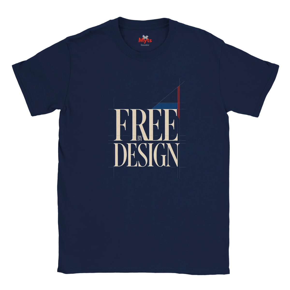 A navy blue short-sleeve t-shirt with a graphic print on the front reading 'FREE BY DESIGN' in beige, accented with a red and blue geometric design, shown on a plain white background.
