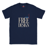 A navy blue short-sleeve t-shirt with a graphic print on the front reading 'FREE BY DESIGN' in beige, accented with a red and blue geometric design, shown on a plain white background.