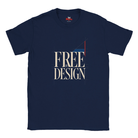 A navy blue short-sleeve t-shirt with a graphic print on the front reading 'FREE BY DESIGN' in beige, accented with a red and blue geometric design, shown on a plain white background.
