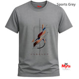 A grey short-sleeve crewneck t-shirt with a black graphic print that reads 'Unbound" The t-shirt is displayed on a clean white background with 'Myts Designs' branding and 'Sports Grey' text overlays.